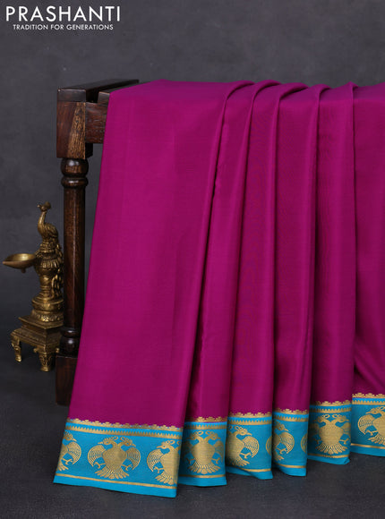 Pure mysore silk saree purple and teal blue with plain body and peacock zari woven butta border
