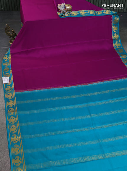 Pure mysore silk saree purple and teal blue with plain body and peacock zari woven butta border