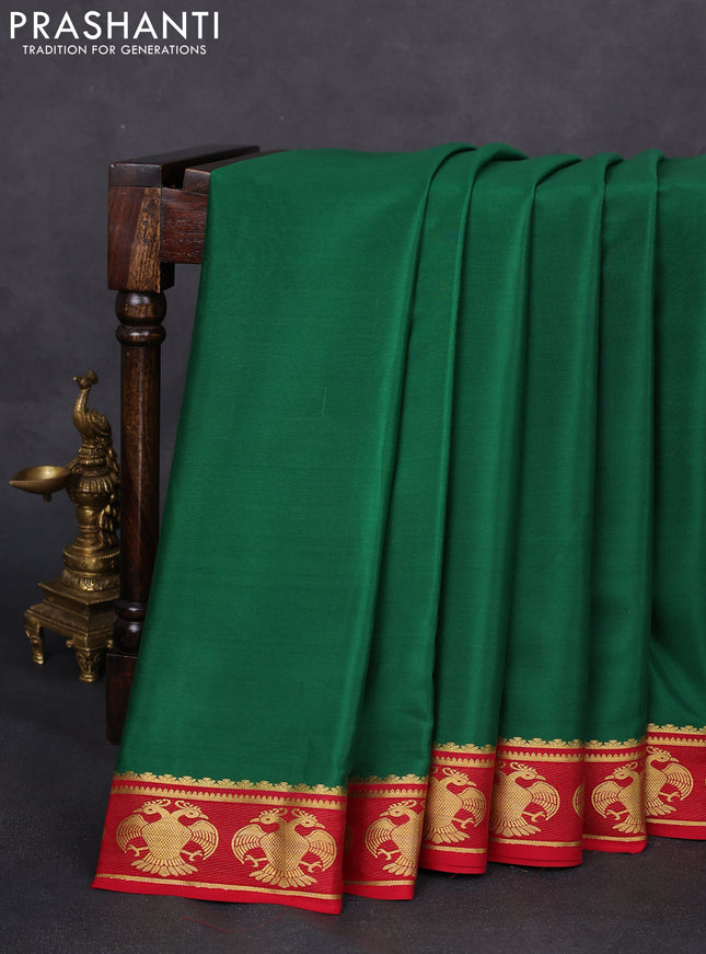 Pure mysore silk saree green and red with plain body and peacock zari woven butta border