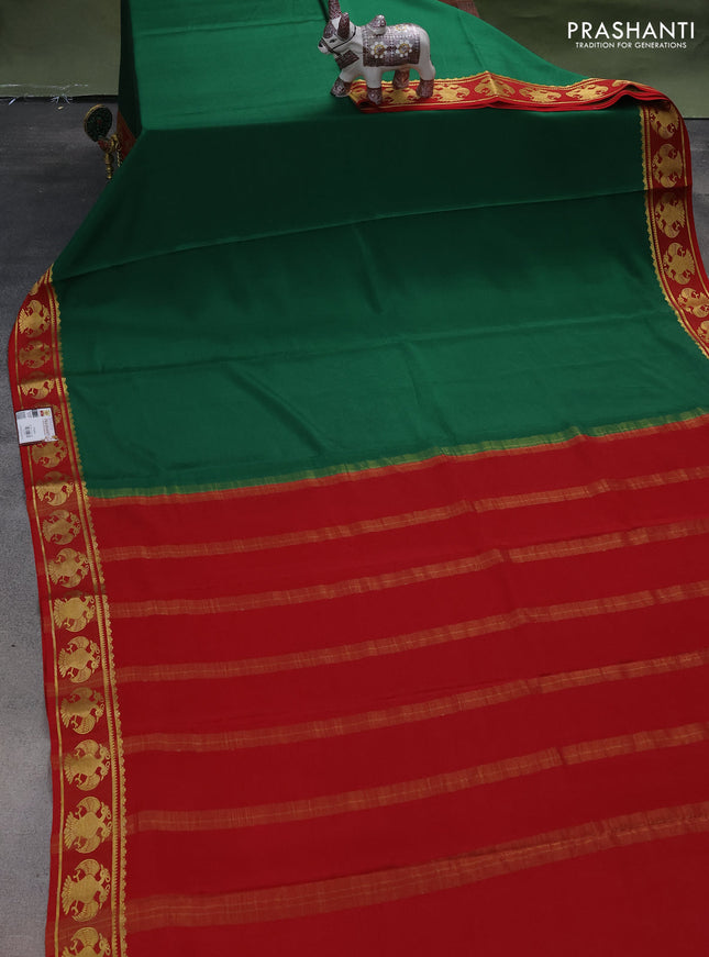 Pure mysore silk saree green and red with plain body and peacock zari woven butta border