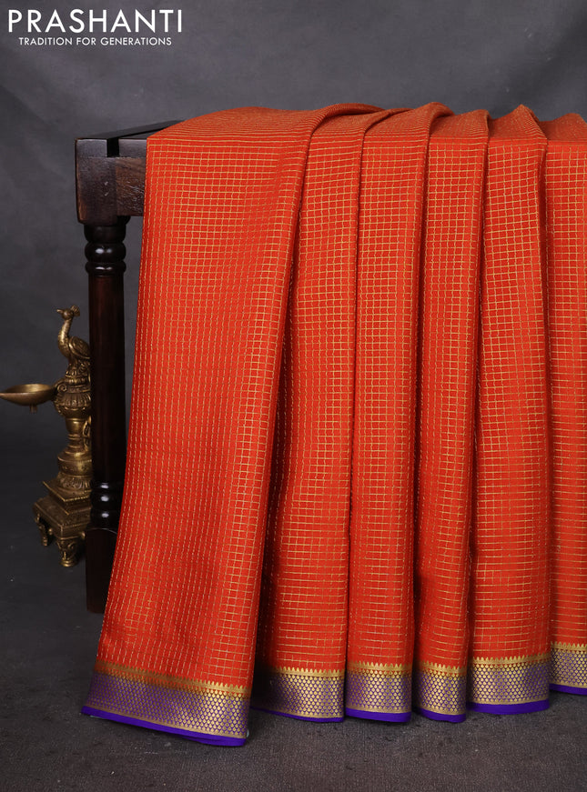 Pure mysore silk saree orange and violet with allover zari checked pattern and zari woven border