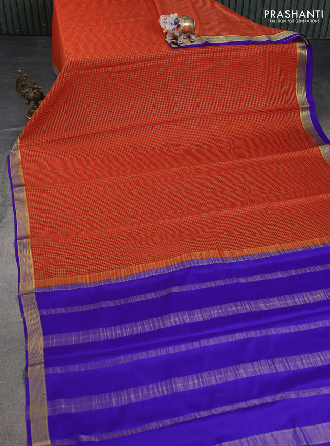 Pure mysore silk saree orange and violet with allover zari checked pattern and zari woven border