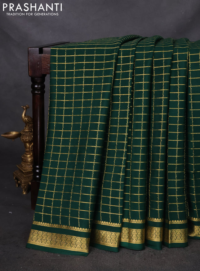 Pure mysore silk saree green with allover zari checked pattern and zari woven border