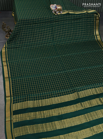 Pure mysore silk saree green with allover zari checked pattern and zari woven border