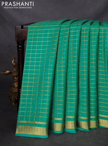 Pure mysore silk saree teal green with allover zari checked pattern and zari woven border