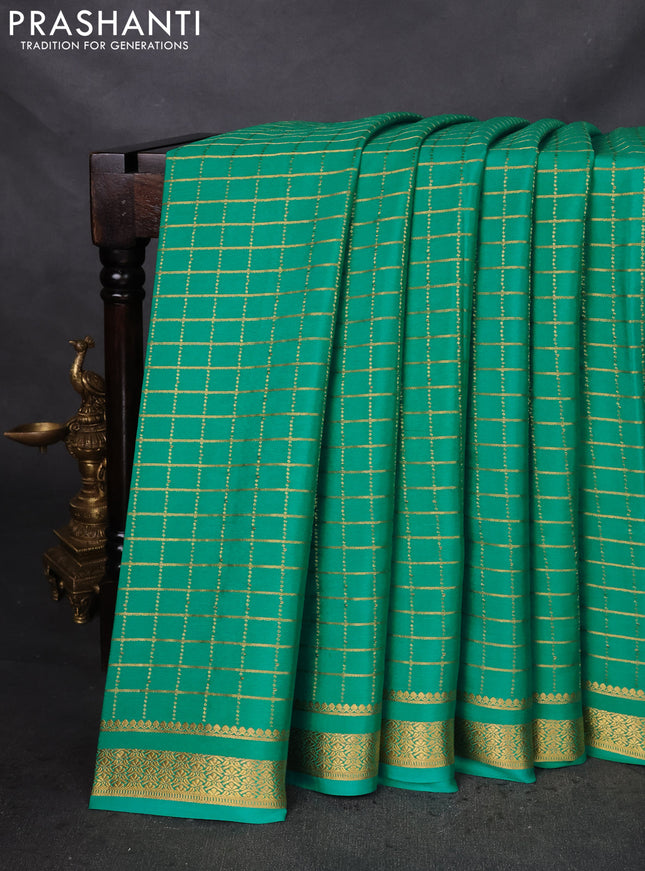 Pure mysore silk saree teal green with allover zari checked pattern and zari woven border
