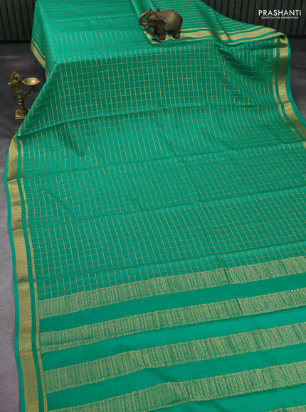Pure mysore silk saree teal green with allover zari checked pattern and zari woven border