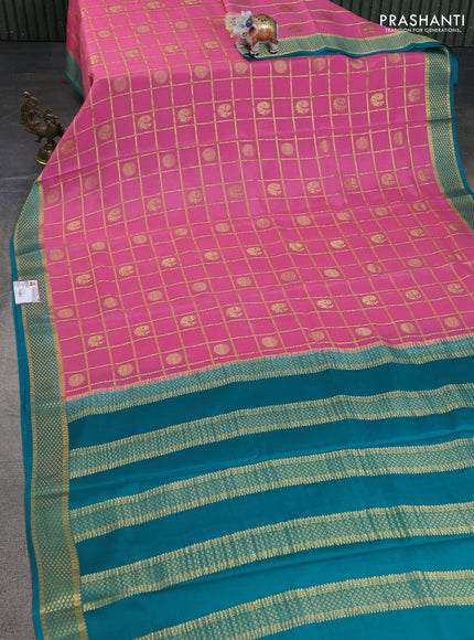 Pure mysore silk saree peach pink and cs blue with allover zari checked pattern and zari woven border