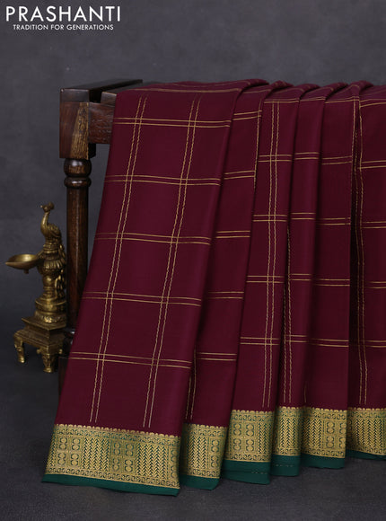 Pure mysore silk saree wine shade and dark green with allover zari checked pattern and zari woven border