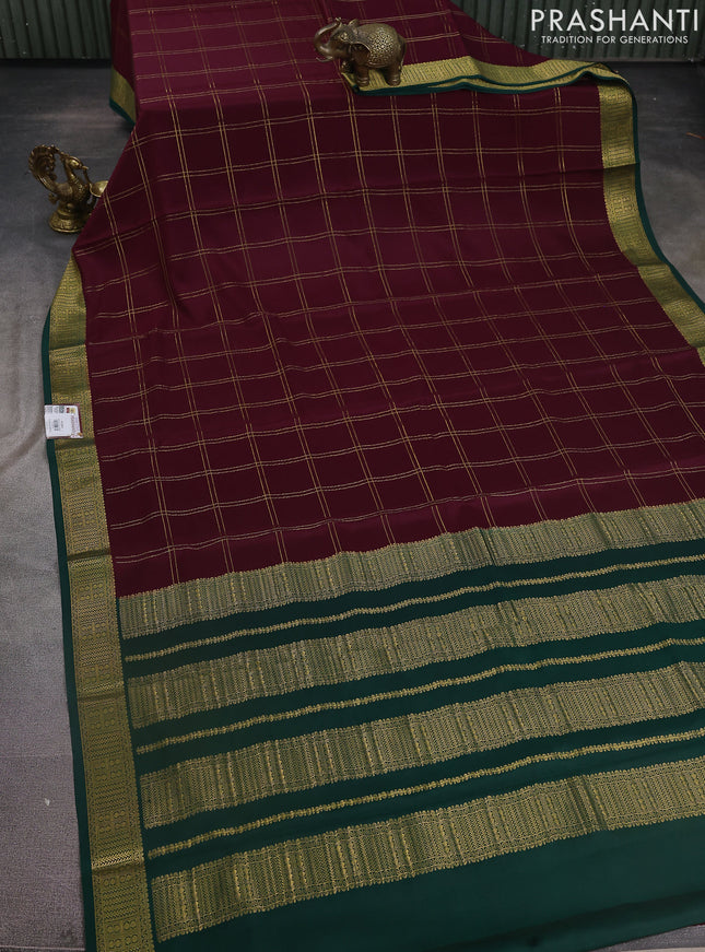 Pure mysore silk saree wine shade and dark green with allover zari checked pattern and zari woven border