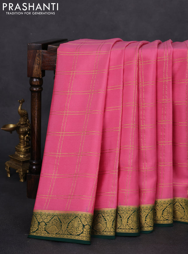 Pure mysore silk saree light pink and green with allover zari checked pattern and zari woven border