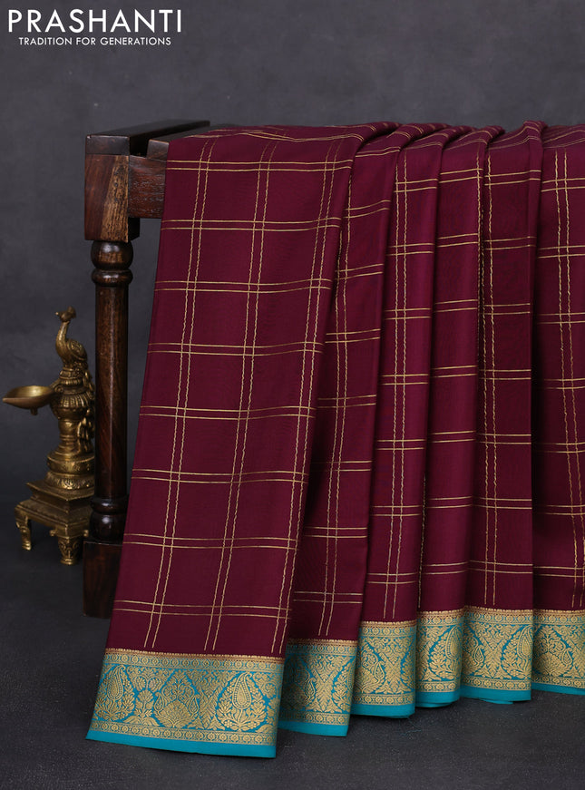 Pure mysore silk saree wine shade and teal green with allover zari checked pattern and zari woven border