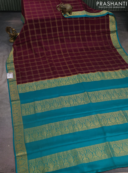 Pure mysore silk saree wine shade and teal green with allover zari checked pattern and zari woven border