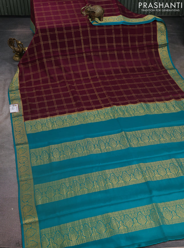 Pure mysore silk saree wine shade and teal green with allover zari checked pattern and zari woven border