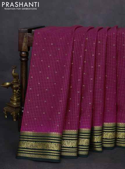 Pure mysore silk saree pink and dark green with allover small zari checks & buttas and zari woven border