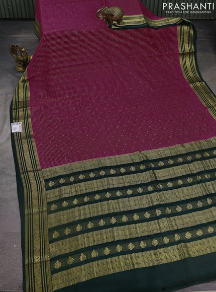 Pure mysore silk saree pink and dark green with allover small zari checks & buttas and zari woven border