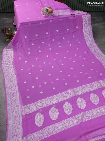 Banarasi chiffon silk saree lavender with silver zari woven buttas and silver zari woven floral border