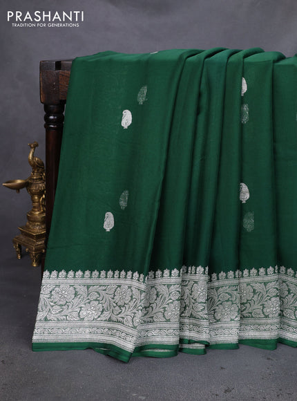 Banarasi chiffon silk saree green with silver zari woven buttas and silver zari woven floral border