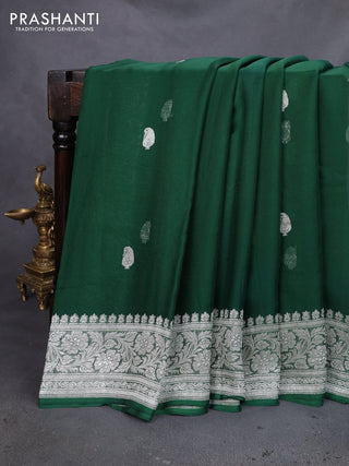 Banarasi chiffon silk saree green with silver zari woven buttas and silver zari woven floral border