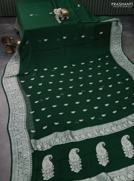 Banarasi chiffon silk saree green with silver zari woven buttas and silver zari woven floral border