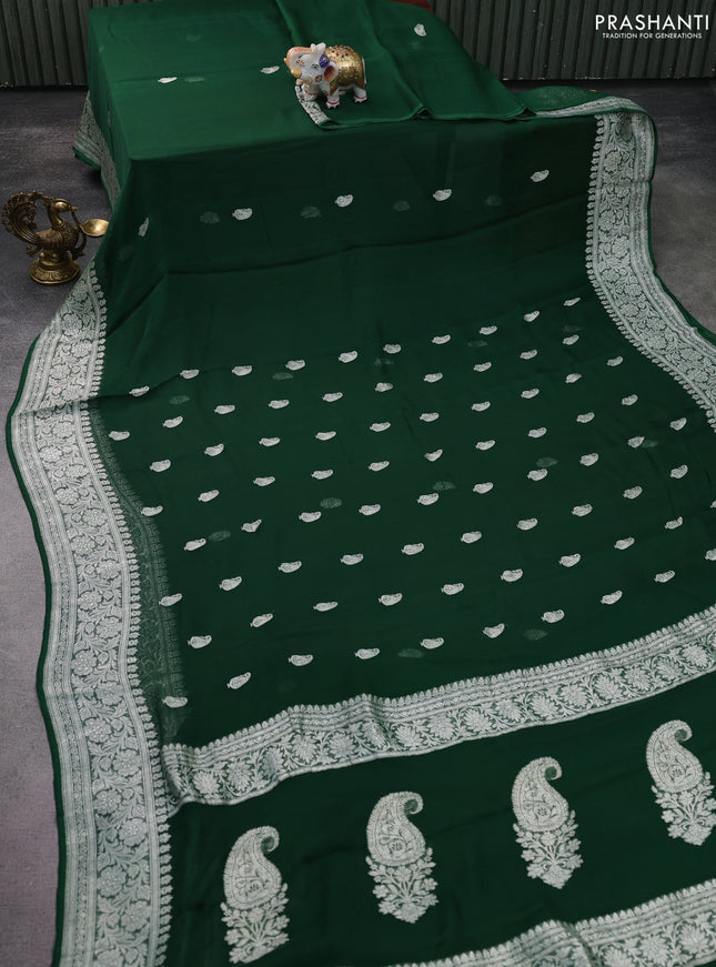 Banarasi chiffon silk saree green with silver zari woven buttas and silver zari woven floral border
