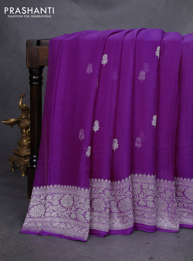 Banarasi chiffon silk saree purple with silver zari woven buttas and silver zari woven floral border