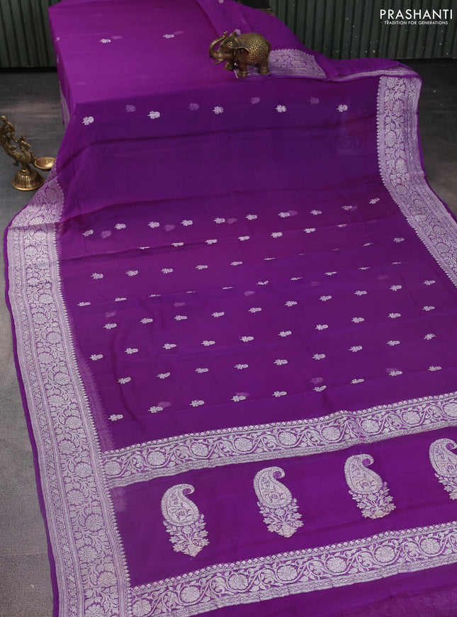 Banarasi chiffon silk saree purple with silver zari woven buttas and silver zari woven floral border