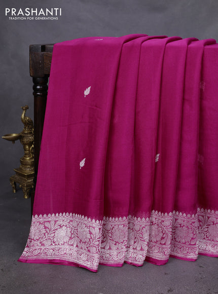 Banarasi chiffon silk saree pink with silver zari woven buttas and silver zari woven floral border