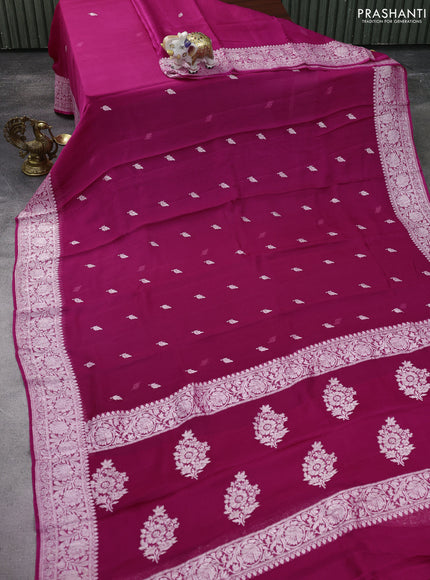 Banarasi chiffon silk saree pink with silver zari woven buttas and silver zari woven floral border