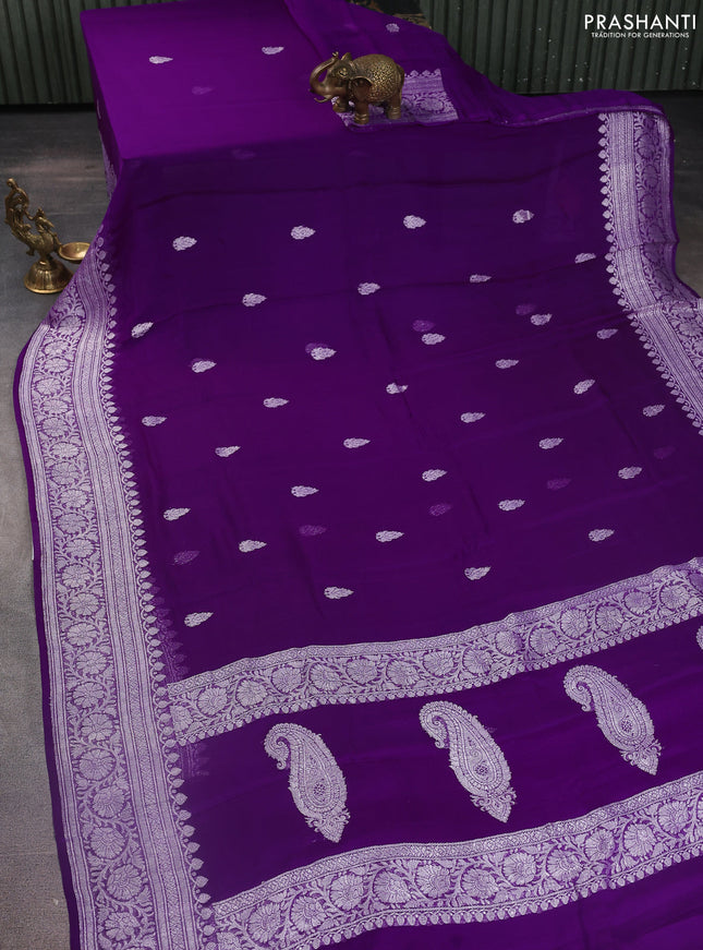 Banarasi chiffon silk saree purple with silver zari woven buttas and silver zari woven floral border
