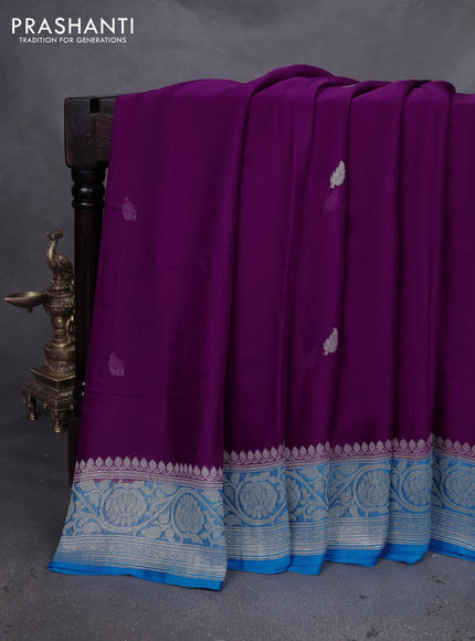Banarasi chiffon silk saree purple and cs blue with silver zari woven buttas and silver zari woven floral border