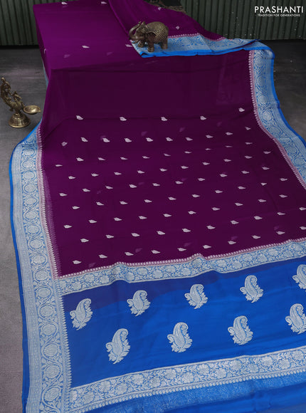 Banarasi chiffon silk saree purple and cs blue with silver zari woven buttas and silver zari woven floral border