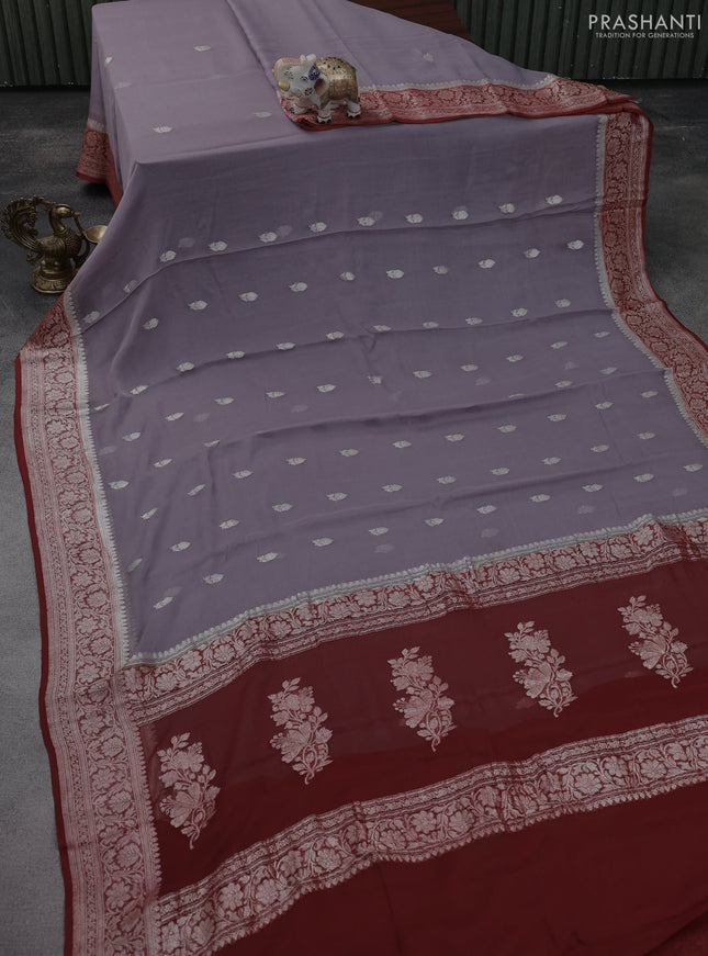 Banarasi chiffon silk saree pastel grey and maroon with silver zari woven buttas and silver zari woven floral border