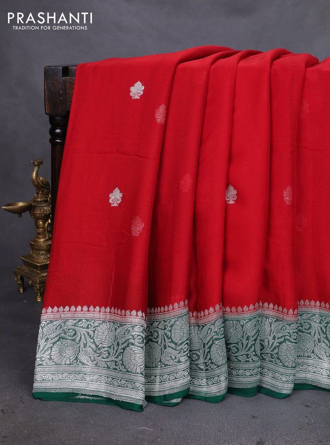Banarasi chiffon silk saree red and green with silver zari woven buttas and silver zari woven floral border