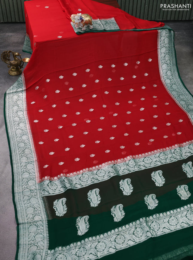 Banarasi chiffon silk saree red and green with silver zari woven buttas and silver zari woven floral border