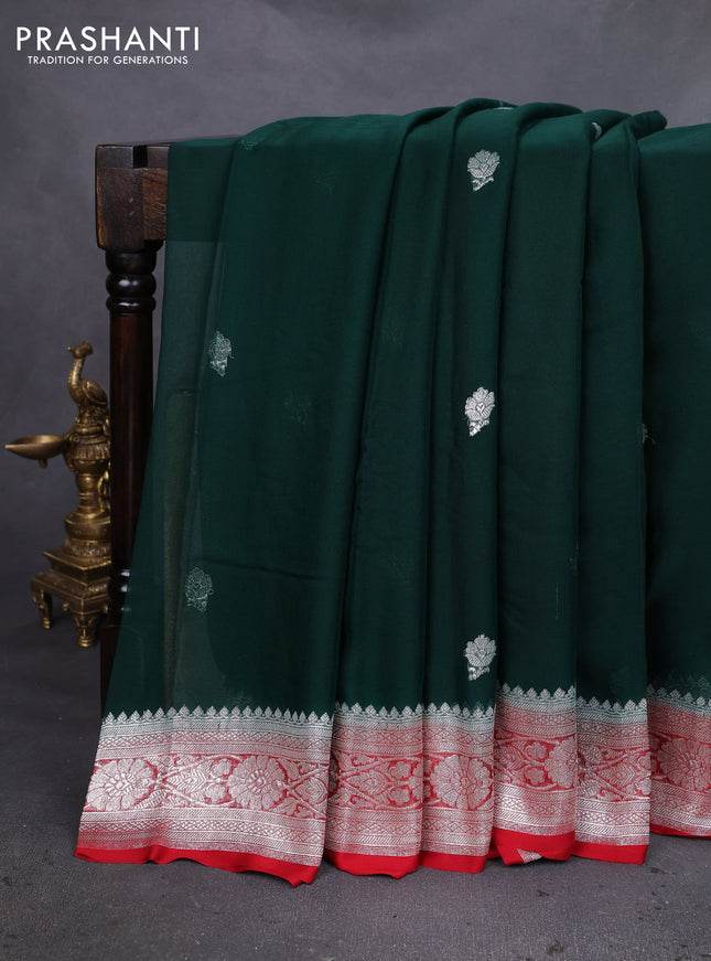 Banarasi chiffon silk saree bottle green and red with silver zari woven buttas and silver zari woven floral border
