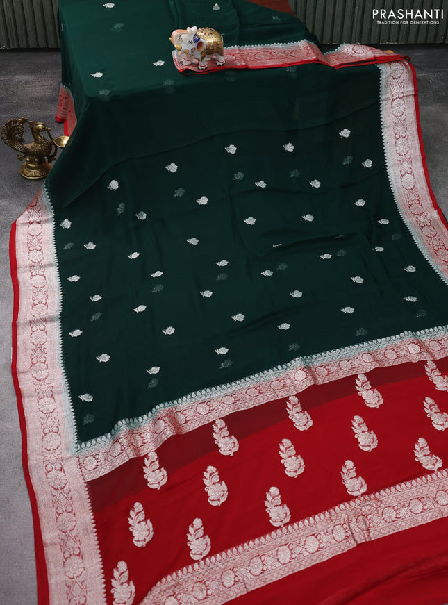 Banarasi chiffon silk saree bottle green and red with silver zari woven buttas and silver zari woven floral border