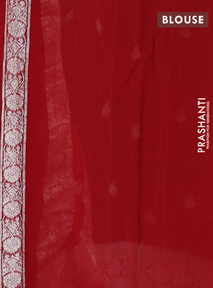 Banarasi chiffon silk saree bottle green and red with silver zari woven buttas and silver zari woven floral border