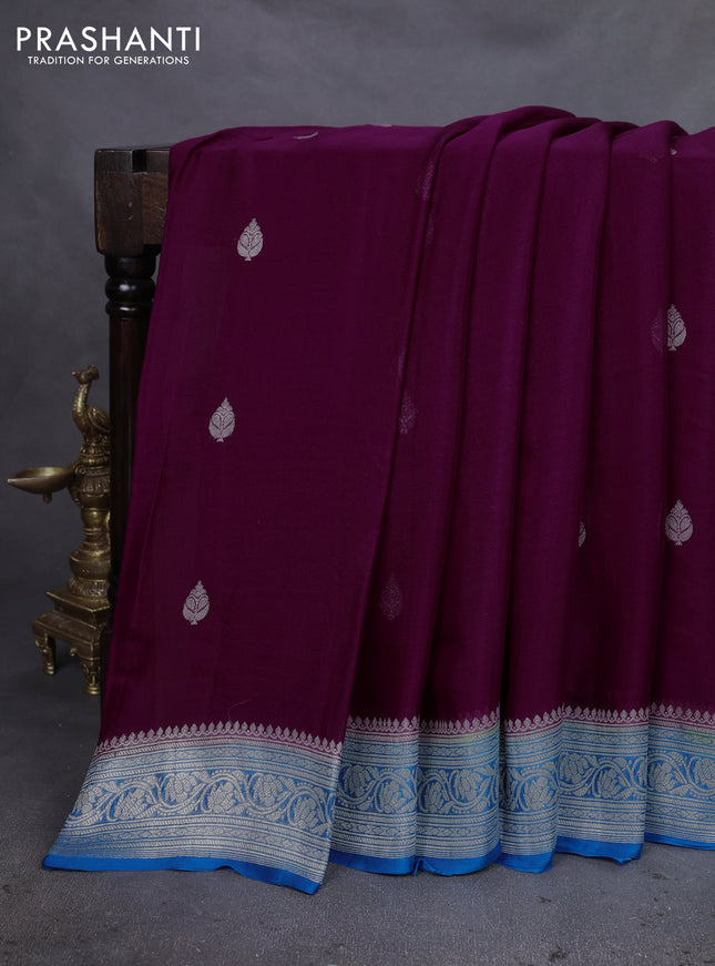 Banarasi chiffon silk saree purple and cs blue with silver zari woven buttas and silver zari woven floral border