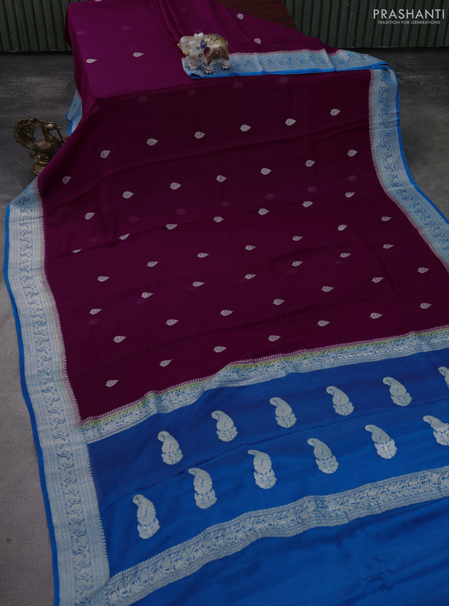 Banarasi chiffon silk saree purple and cs blue with silver zari woven buttas and silver zari woven floral border