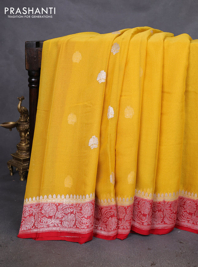Banarasi chiffon silk saree yellow and red with silver zari woven buttas and silver zari woven floral border
