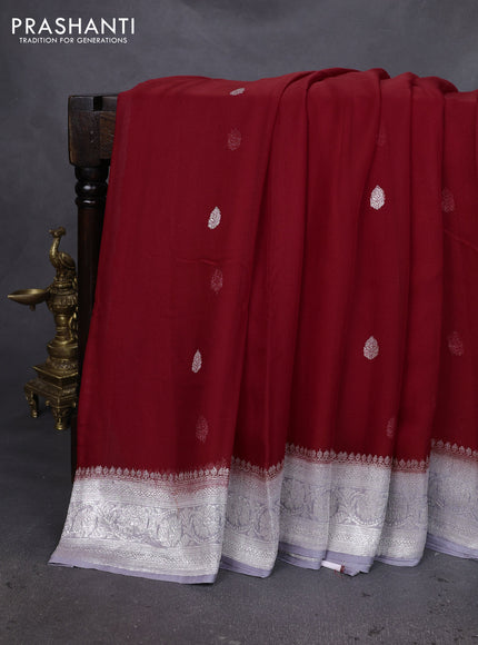 Banarasi chiffon silk saree red and grey with silver zari woven buttas and silver zari woven floral border