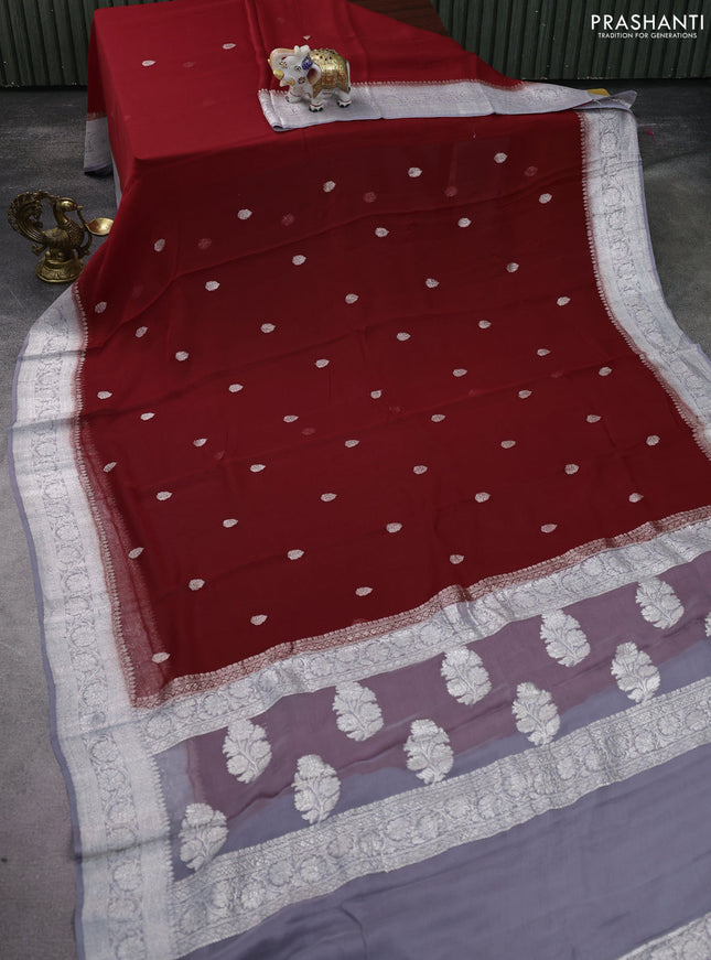 Banarasi chiffon silk saree red and grey with silver zari woven buttas and silver zari woven floral border