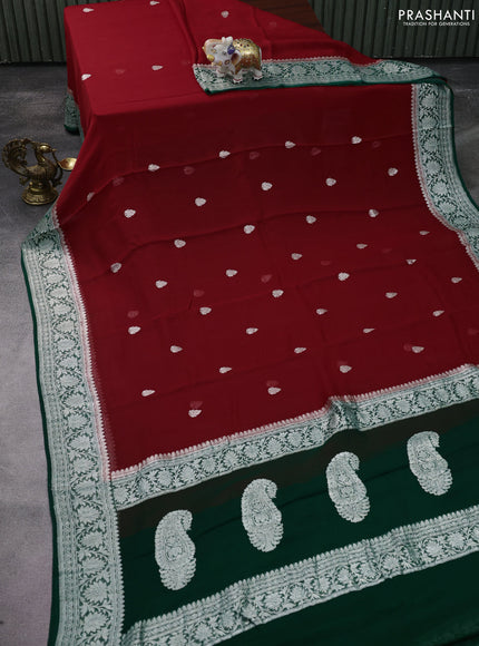 Banarasi chiffon silk saree kumkum red and dark green with silver zari woven buttas and silver zari woven floral border
