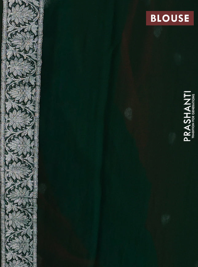 Banarasi chiffon silk saree kumkum red and dark green with silver zari woven buttas and silver zari woven floral border