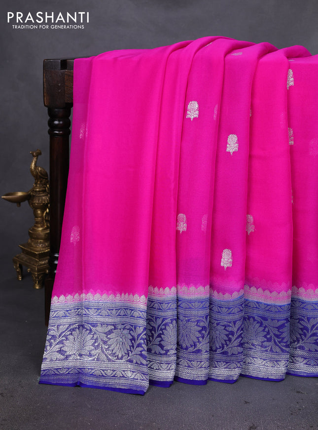 Banarasi chiffon silk saree pink and blue with silver zari woven buttas and silver zari woven floral border