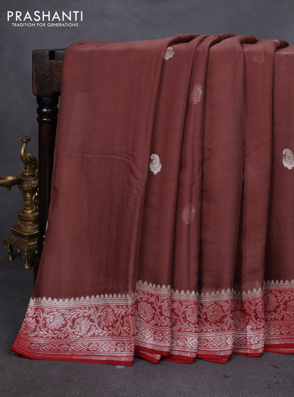 Banarasi chiffon silk saree brown and maroon with silver zari woven paisley buttas and silver zari woven border
