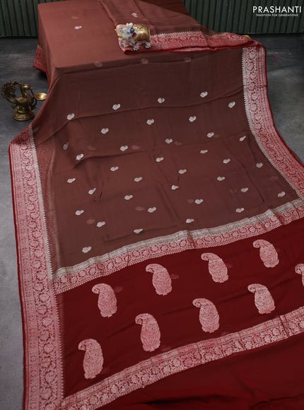 Banarasi chiffon silk saree brown and maroon with silver zari woven paisley buttas and silver zari woven border