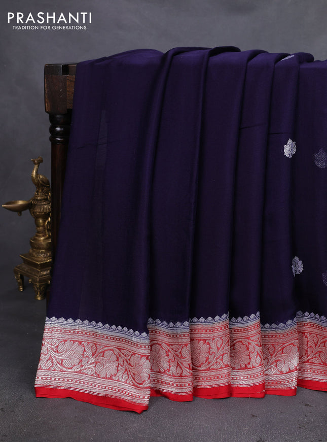 Banarasi chiffon silk saree navy blue and red with silver zari woven buttas and silver zari woven floral border
