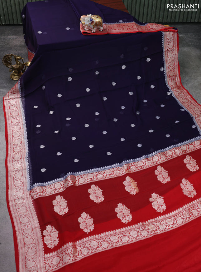 Banarasi chiffon silk saree navy blue and red with silver zari woven buttas and silver zari woven floral border